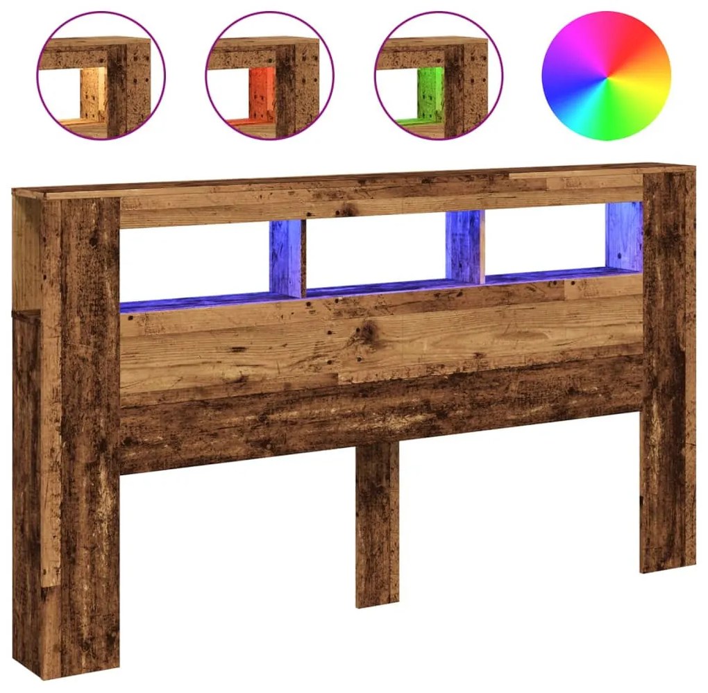 antik fa színű szerelt fa LED-es fejtámla 180x18,5x103,5 cm