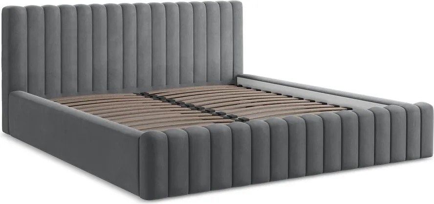 Szürke kárpitozott ágyneműtartós franciaágy ágyráccsal 140x200 cm Lemi – Makamii