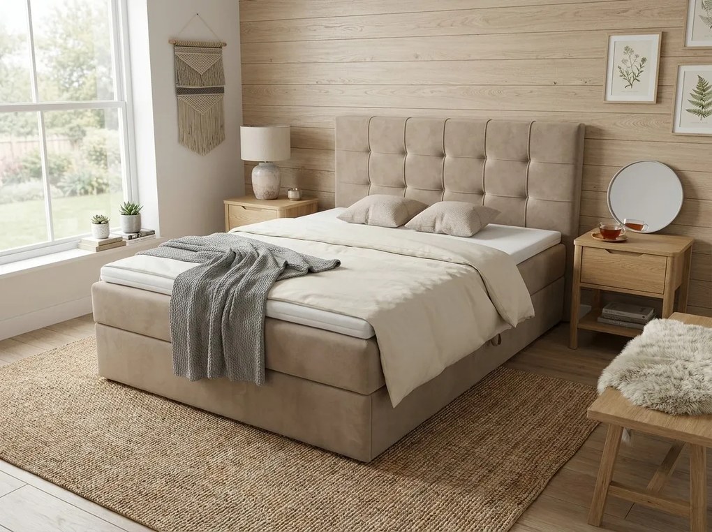 Kárpitozott boxspring ágy DIRELIS TRINITY 140x200 cm bézs Matrac: Bonell rugós matrac