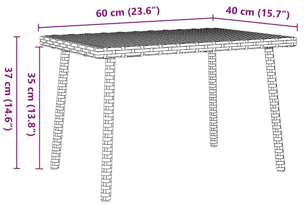 téglalap szürke polyrattan kerti dohányzóasztal 60x40x37cm