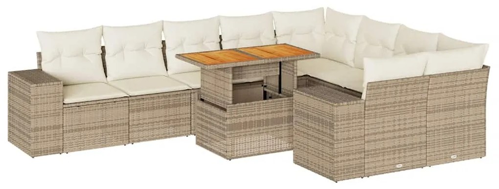 10 részes bézs polyrattan akácfa kerti ülőgarnitúra párnával