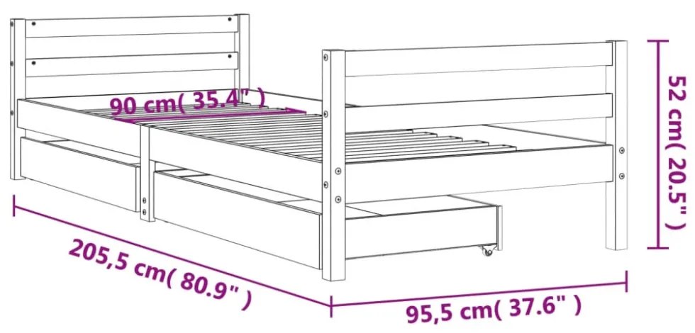 fehér tömör fenyőfa gyerekágykeret fiókokkal 90 x 200 cm