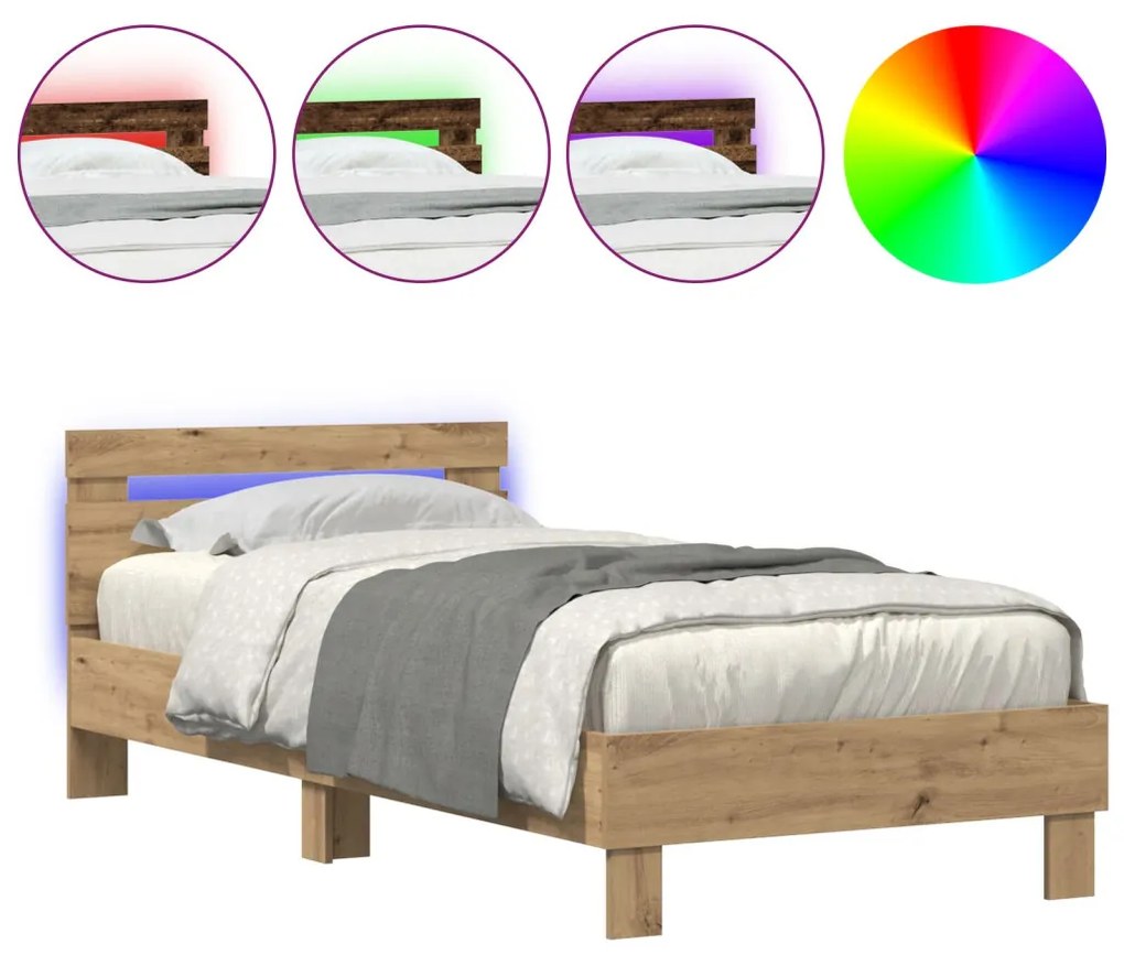 LED világítással ellátott ágykeret, Kézműves tölgy 75x190 cm, Mérnöki fa
