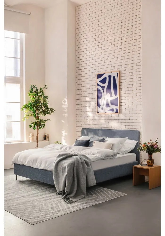 Kék kárpitozott franciaágy matraccal és ráccsal 180x200 cm Noira Slim - Bonami Selection