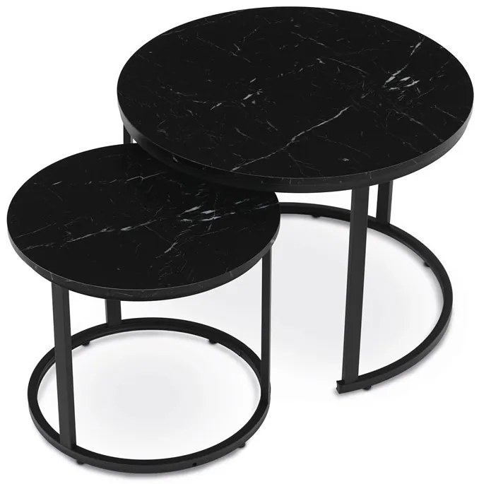 Set de măsuțe de cafea din 2 piese, blat din MDF cu decor marmură, cadru metalic
