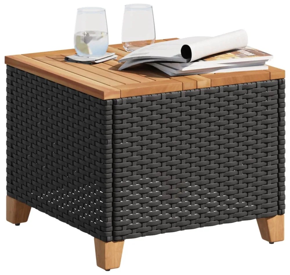 fekete polyrattan és akácfa kerti asztal 45 x 45 x 37 cm