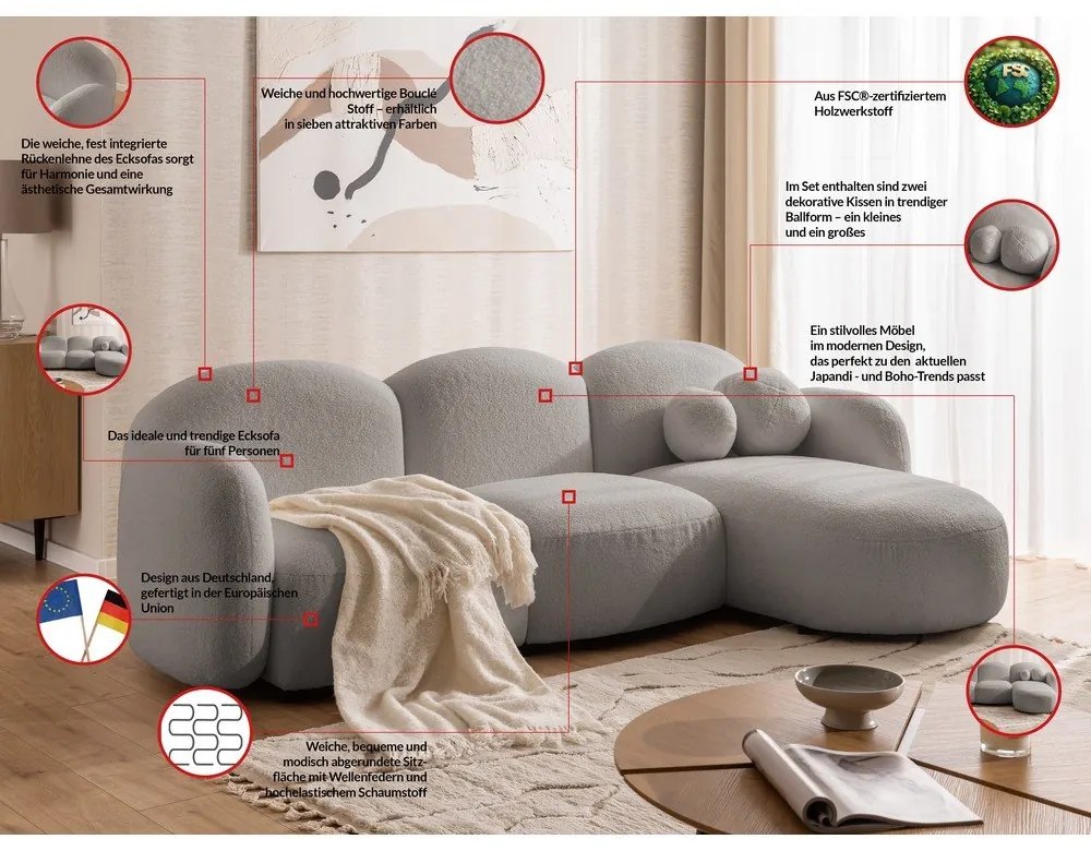 Szürke buklé sarokkanapé (jobb oldali-heverő résszel) Orbit – Ropez