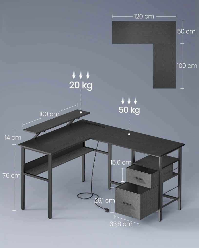 L alakú sarokíróasztal LED világítással, 4 konnektorral, 2 USB-porttal és monitorállvánnyal, 150 x 120 x 76 cm, fekete