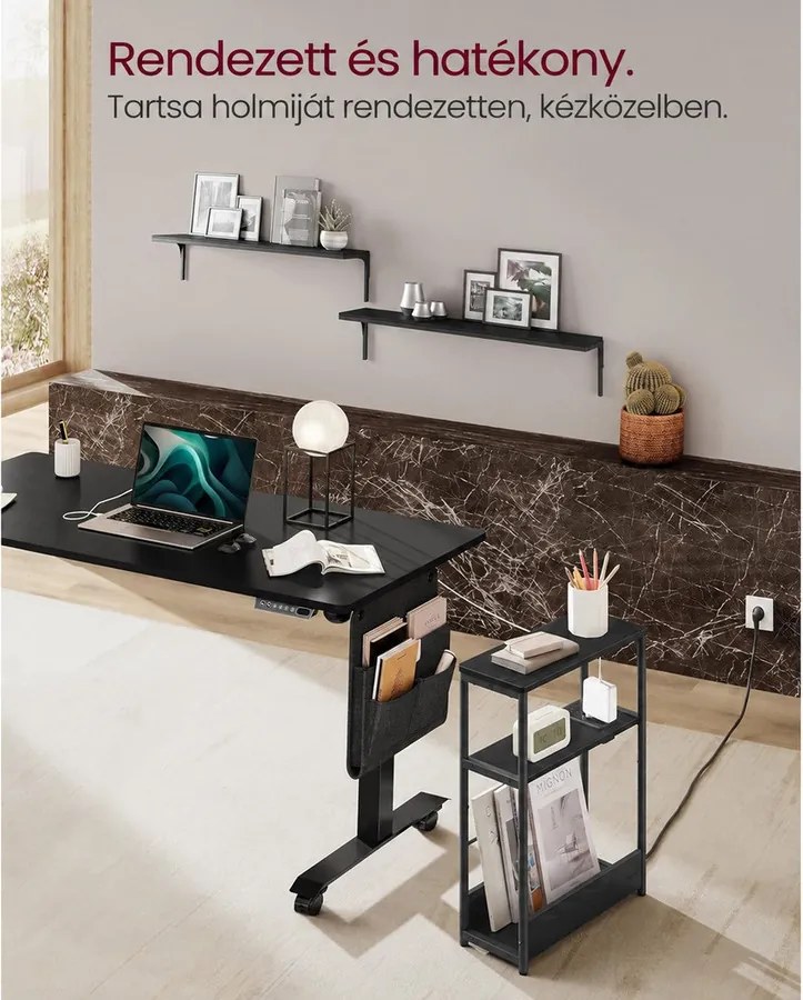 VASAGLE keskeny, 3 szintes oldalasztal beépített elosztóval és magazin tartóval, ébenfekete és tinta fekete