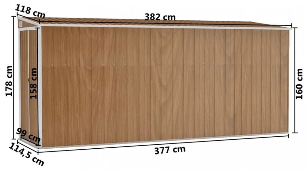 barna acél falhoz erősíthető kerti fészer 118 x 382 x 178 cm