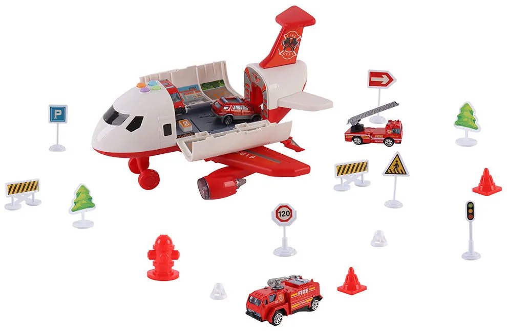 Tűzoltó szállító repülőgép, 4 tűzoltóautóval, kiegészítőkkel, fény- és hanghatásokkal