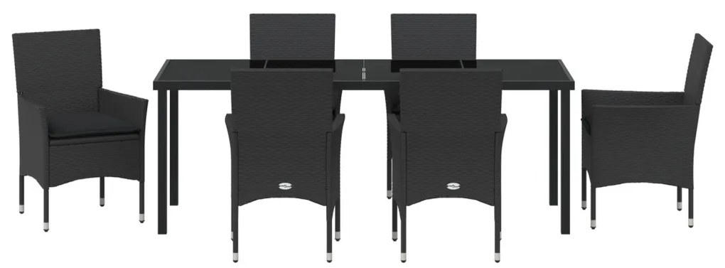 7 Darabos Kert Étkező Készlet Párnákkal Fekete Poli Rattan, Kert Asztal Fekete 200x80x73 cm Edzett Üveg