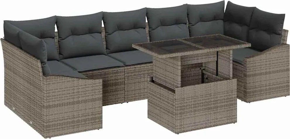 vidaXL Kerti Kanapé Szett párnával tárolóval 8 pcs Szürke polirattan