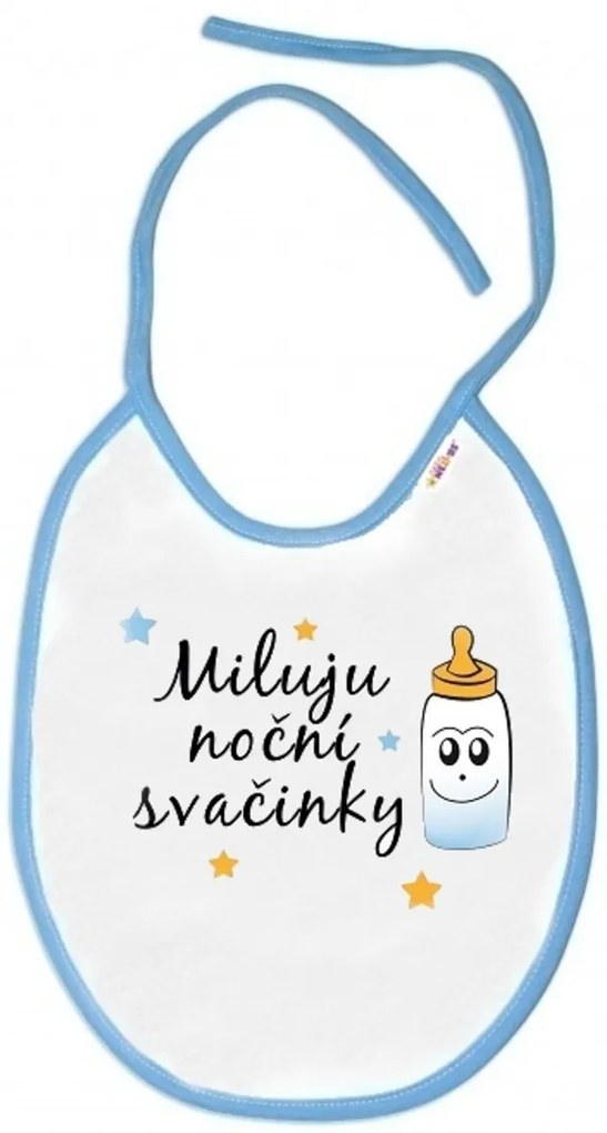 Baby Nellys Vízálló előke I love night snack, 24 x 27 cm - fehér, kék díszítéssel