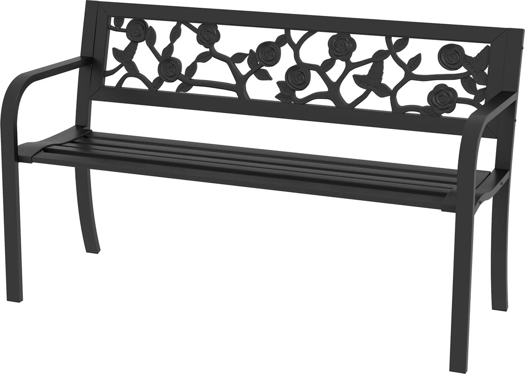Outsunny Acél Kerti Pad, 2-Személyes Kültéri Pad Díszített Háttámlával és Karfákkal, 127x50x75cm, Fekete | Aosom