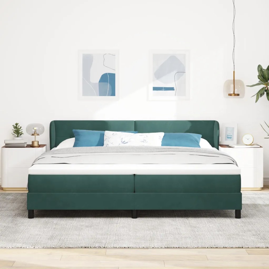 Boxspring Ágy Matrac Középsötét Zöld 200x200 cm Bársony