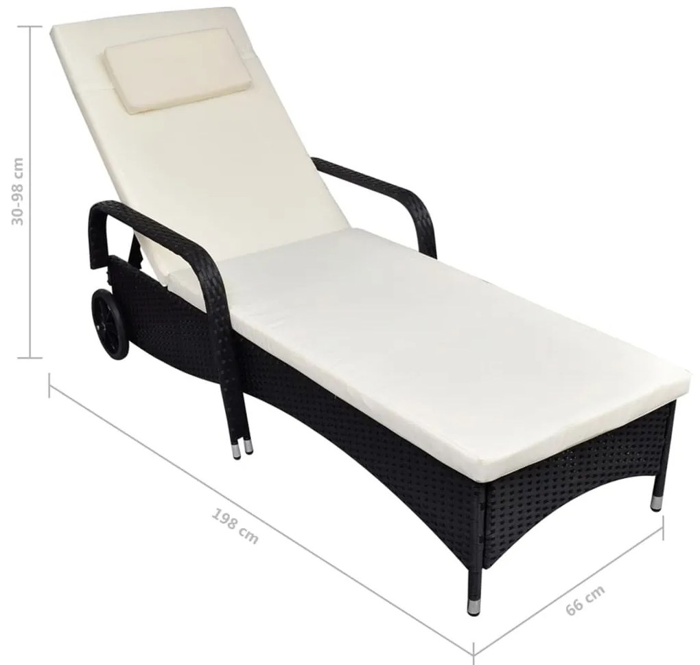 Fekete polyrattan napozóágy kerekekkel