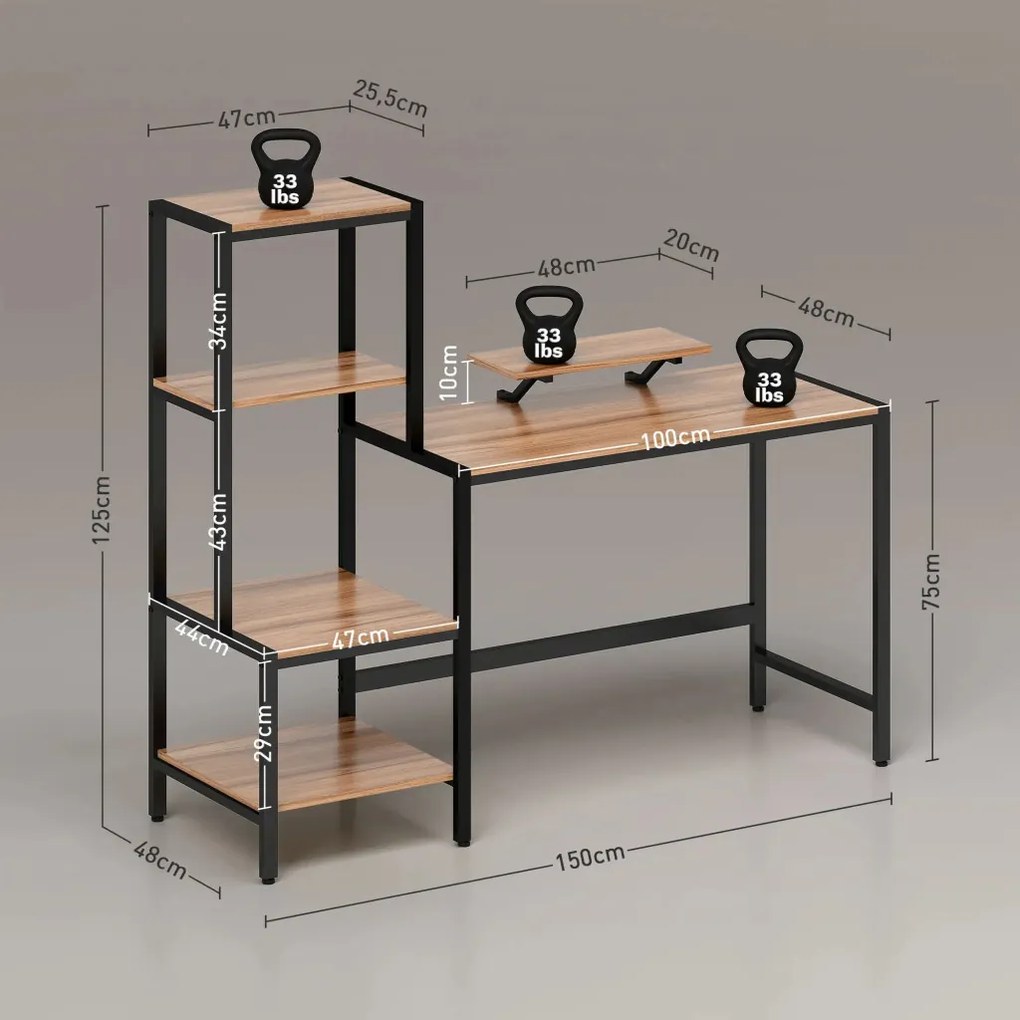 HOMCOM Íróasztal monitorállvánnyal, szintes polccal, Ipari Design, barna