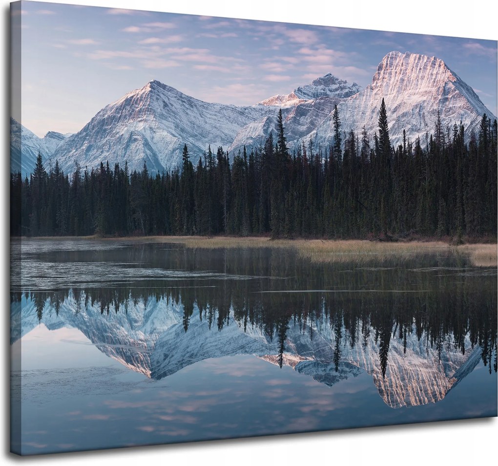 Vászonkép Tópart Víz Erdők Hó hegyek 100x80 cm