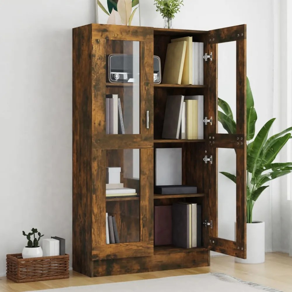 füstös tölgy színű szerelt fa vitrinszekrény 82,5x30,5x150 cm