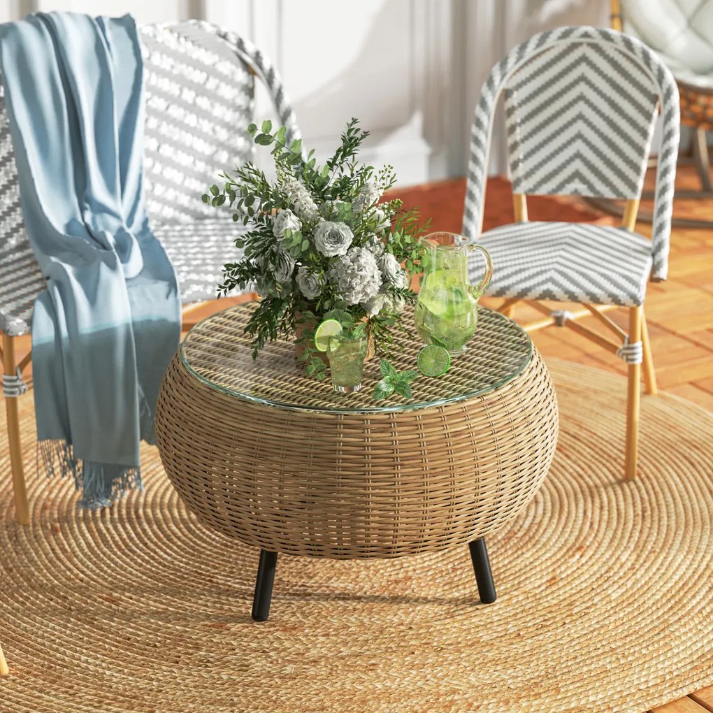 Rattan kerek kerti asztal, üveglappal, barna Ø75 x 42 cm