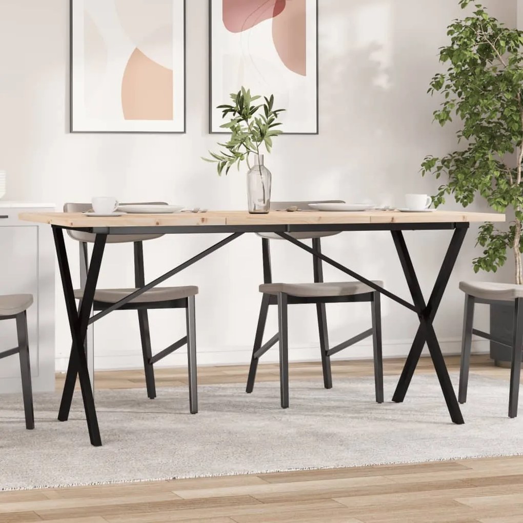 Tömör fenyőfa és acél étkezőasztal X-vázzal 160x80x75,5 cm