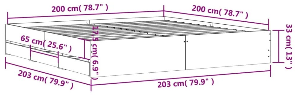 sonoma tölgyszínű szerelt fa ágykeret fiókokkal 200 x 200 cm