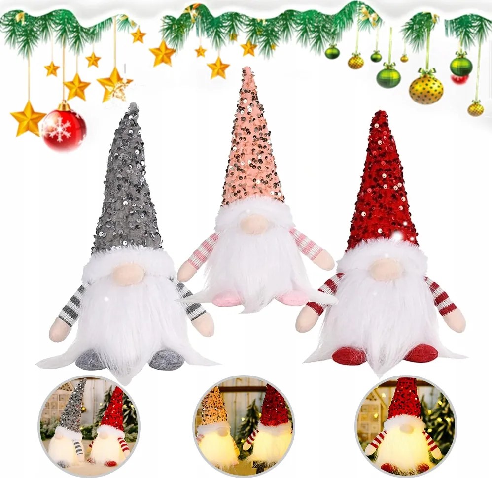 Karácsonyi Led Manó Figurák, 3 Db Karácsonyi Manó Fénnyel