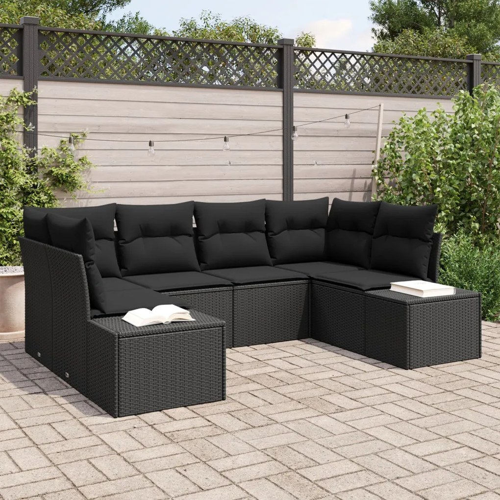 6 Darabos Kert Sofa Szett Párnákkal Fekete Poli Rattan