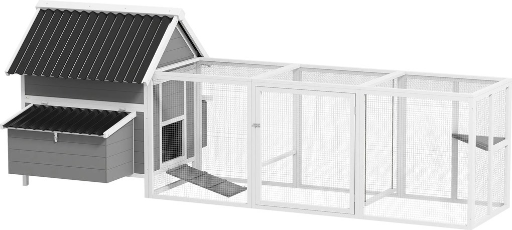 PawHut fa tyúkól kifutóval, 283 x 133,5 x 112 cm – 7–10 tojónak, 2 fészek, ülőkék és hinta, szürke | Aosom