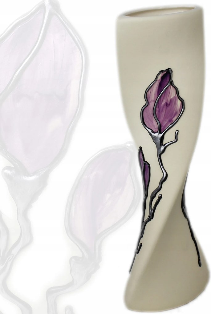 Kerámia váza keskeny csavart 30,5 cm, magnólia motívummal díszítve