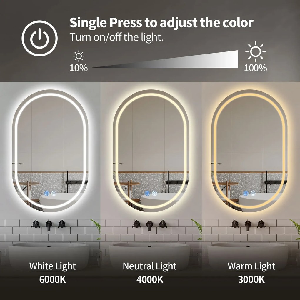 Erga Lyra, ovális LED-es tükör 60x90cm, 3 színű fény, első és hátsó világítás, páramentes fűtőbetét, ERG-V01-Lyra-6090-CL