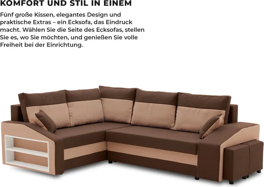 Grande sarokkanapé polcokkal és puffokkal , polc a bal karfaban puffok a jobb karfaban, baloldali, szövet anyag, hab töltet, barna