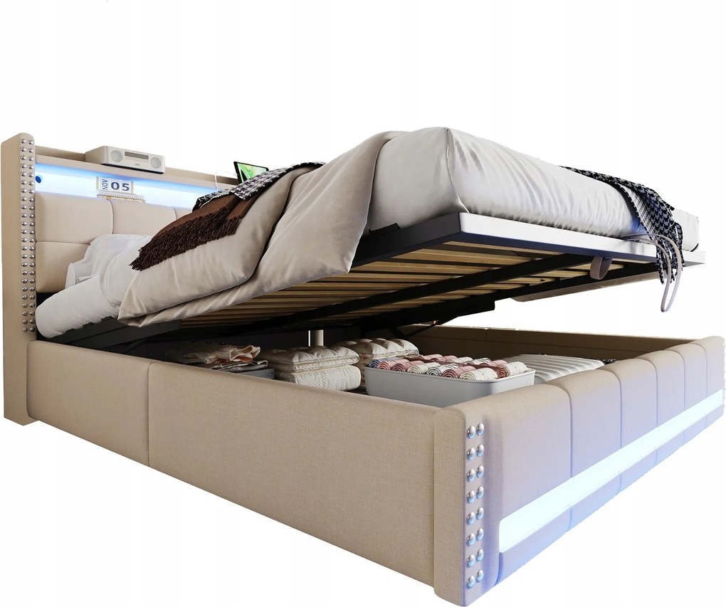 Kárpitozott ágy Franciaágy 180*200 cm, Usb Led polcok Hidraulikus