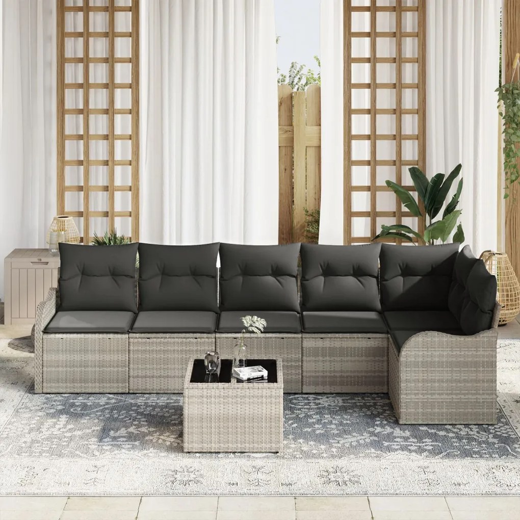 7 részes kerti kanapé szett párnákkal szürke Poly Rattan, 2 fős kerti kanapé tárolóval és párnákkal világosszürke Poly Rattan