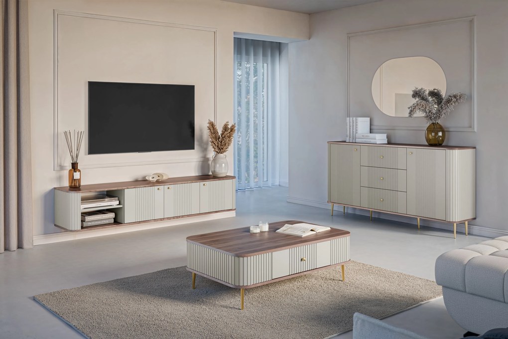 Vesper komód 160 cm fiókokkal - kasmír / dió / arany lábak