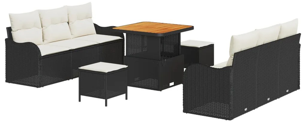 9 darabos kertibútor szett párnákkal, fekete poli rattan akácia