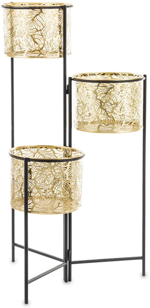 Gatsby design arany áttört fém 3db-os virágtartó szett fekete fém állványon 80,5x40x40cm