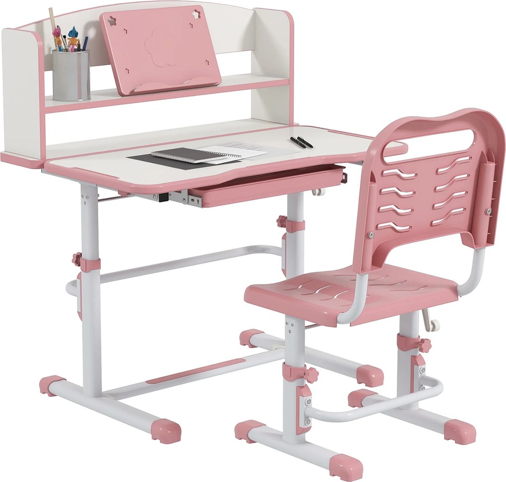 ZONEKIZ Gyermek Íróasztal Székkel, Állítható Iskolai Íróasztal Fiókkal és Dönthető Felülettel, 6-12 Éves Korosztály, Rózsaszín | Aosom