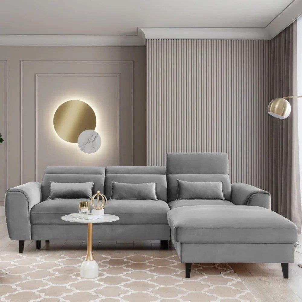Szürke bársony kinyitható-tárolóhelyes sarokkanapé (jobb oldali-heverő résszel) Foble – ELTAP