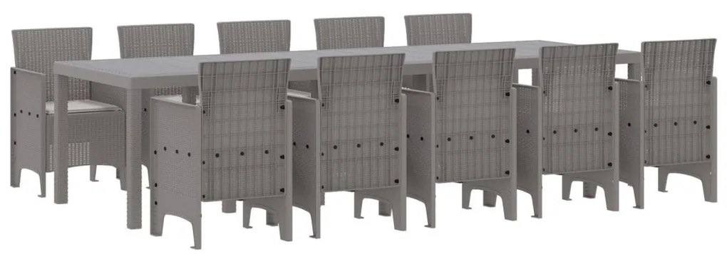 11 darabos kerti étkezőszett párnákkal világosszürke polirattan, kerti asztal világosszürke 150x100x73 cm polirattan, kerti szék párnákkal 2 db világosszürke polirattan, kerti szék párnákkal 4 db világosszürke polirattan