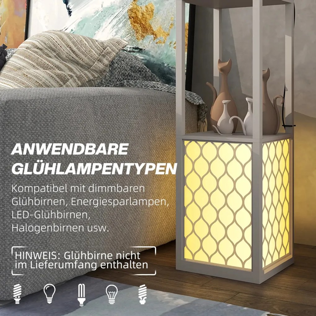 HOMCOM Állólámpa modern dizájnban, 2 polccal, láncos kapcsolóval, fekete-fehér