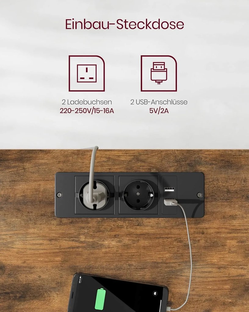 Elektromosan állítható íróasztal beépített aljzatokkal, 2 USB-porttal, fiókkal és 4 memóriahellyel, 140 x 60 x 72–120 cm, vintage barna/fekete