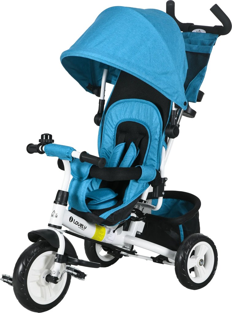 HOMCOM 6 az 1-ben tricikli tolófogantyúval, kisgyermek tricikli levehető napernyővel, párnával, 5-pontos biztonsági övvel, kosárral, pohártartóval 1-5