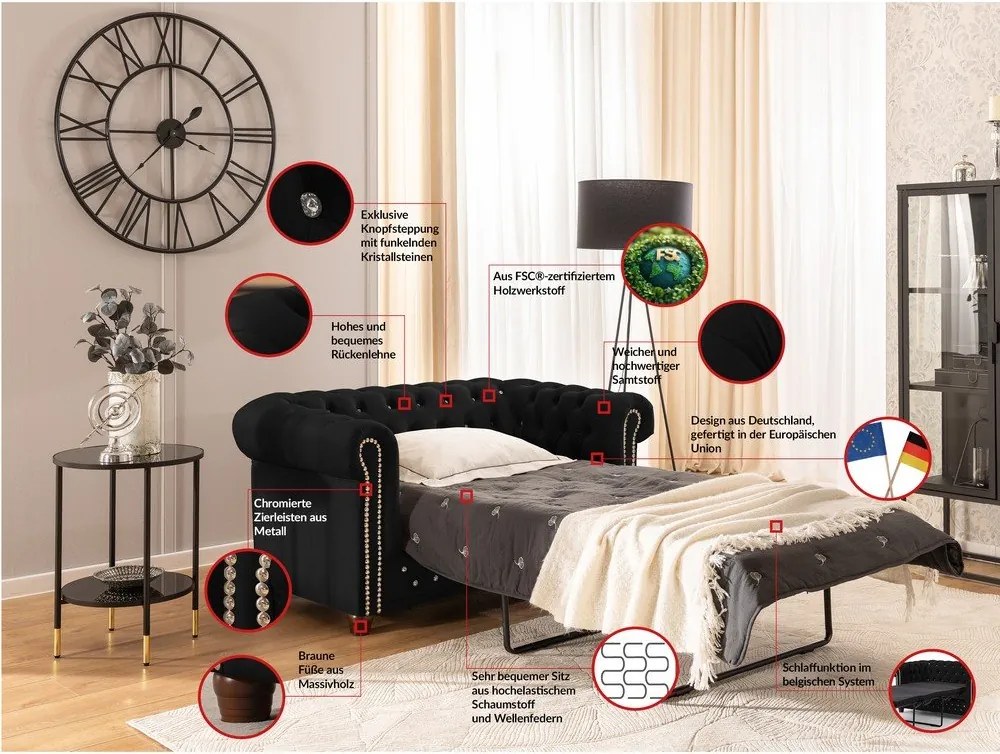 Fekete bársony kinyitható kanapé 148 cm York Blik – Ropez