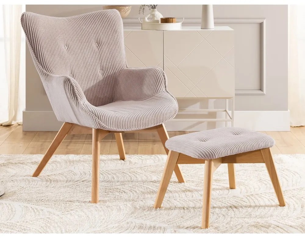 Világos rózsaszín kordbársony fotel lábtartóval Niko – Ropez