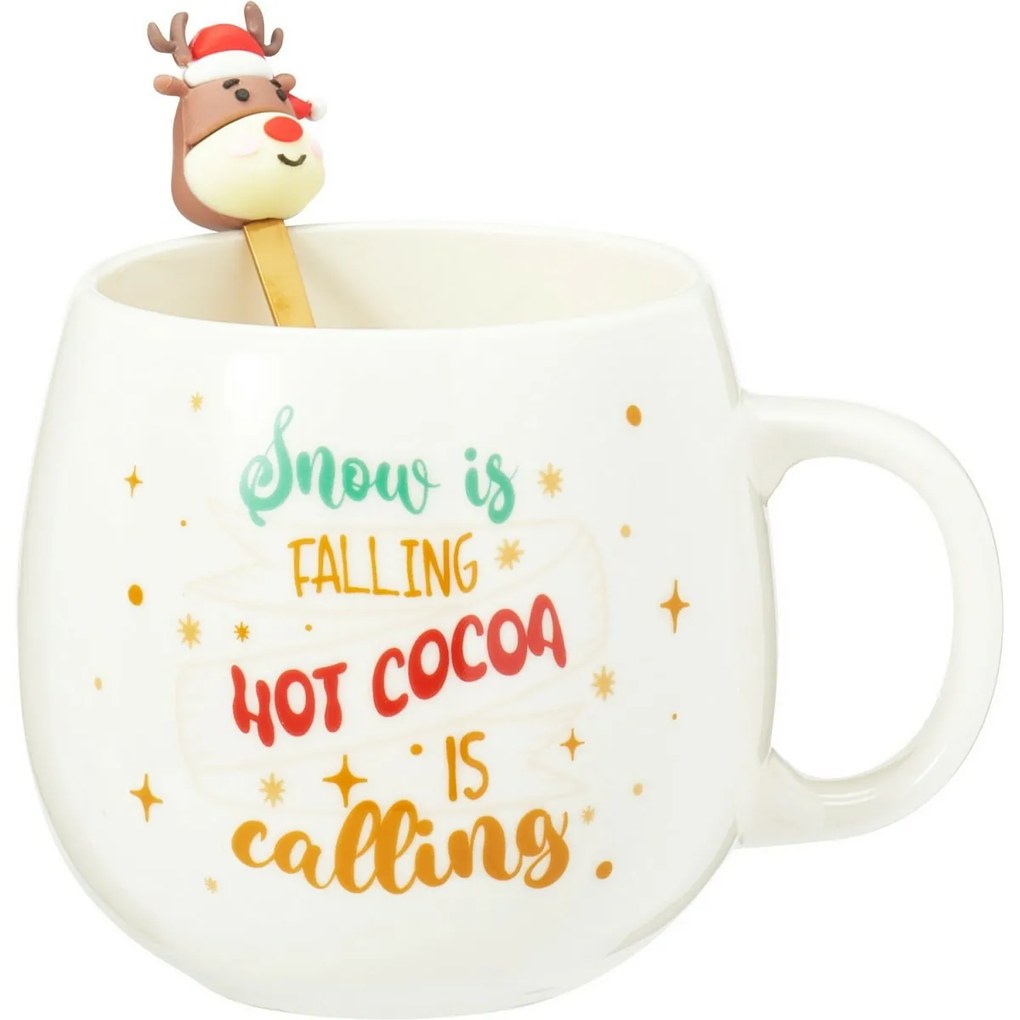 Rénszarvas karácsonyi porcelán bögre kanállal, 550 ml