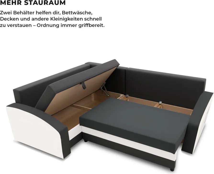 Grande sarokkanapé polcokkal , polc a jobb karfaban, baloldali, szövet anyag, bonell töltet, szürke - fehér