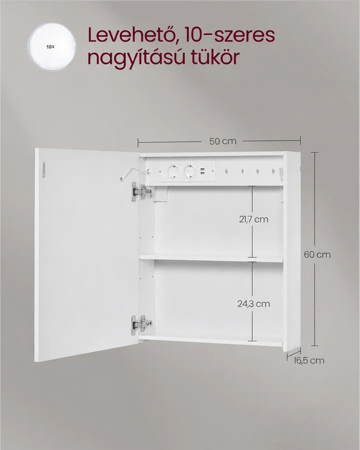VASAGLE KAILYN tükrös fürdőszobai faliszekrény LED világítással, páramentesítő funkcióval, 10x-es nagyítótükörrel, 16,5 x 50 x 60 cm, fehér