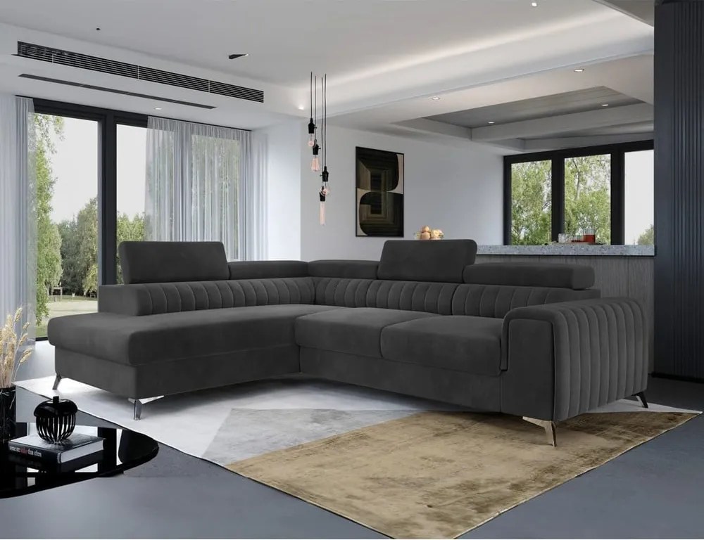 Sötétszürke bársony kinyitható-tárolóhelyes sarokkanapé (bal oldali-L alakú) Laurence – ELTAP